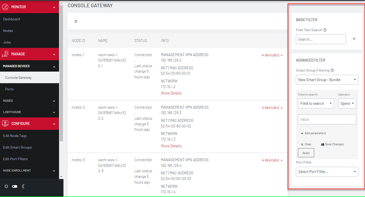Image of the Lighthouse UI showing how to filter the node display using smart groups