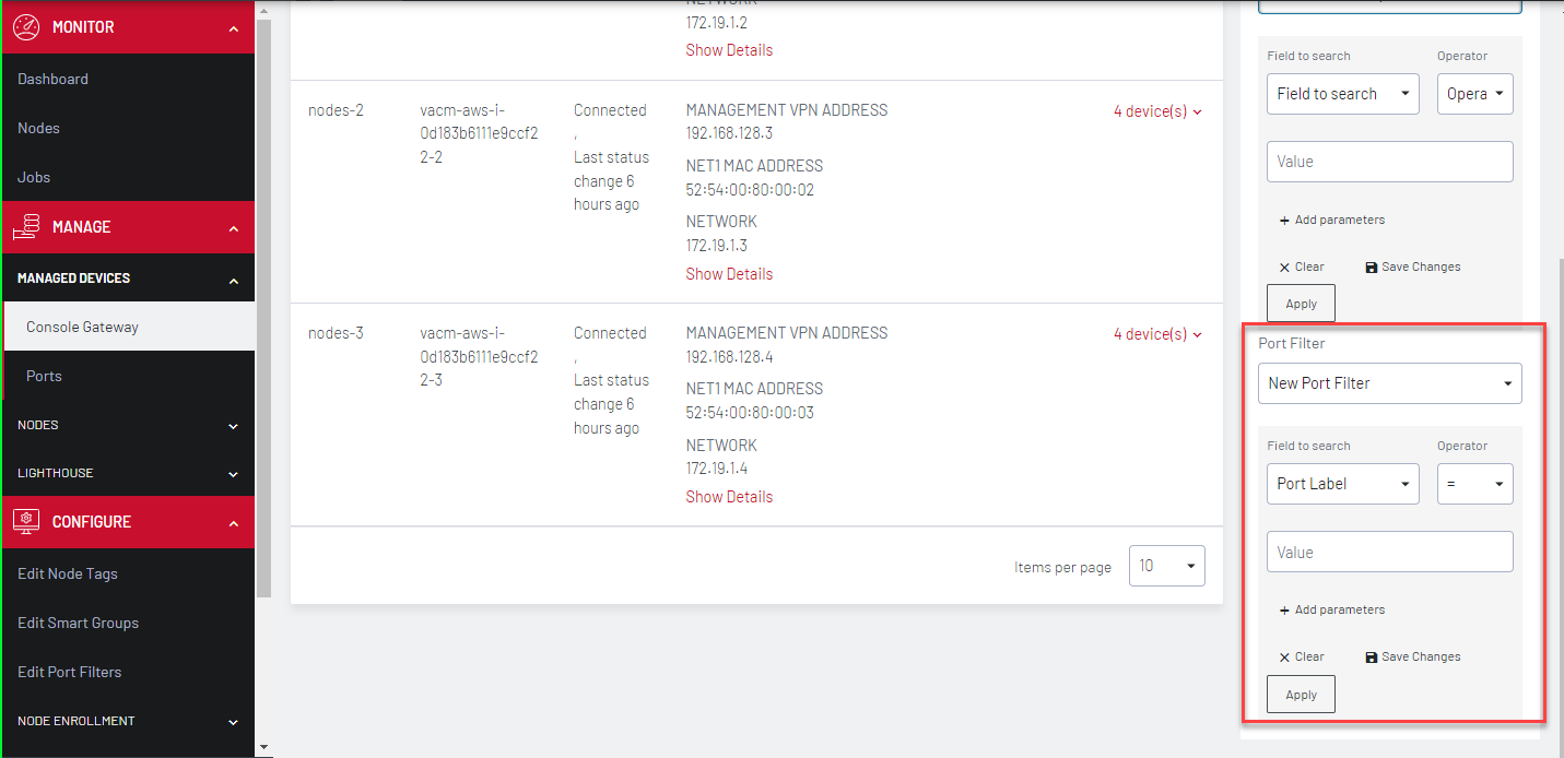 Image of the Lighthouse UI showing how to customise the node display using Port filters