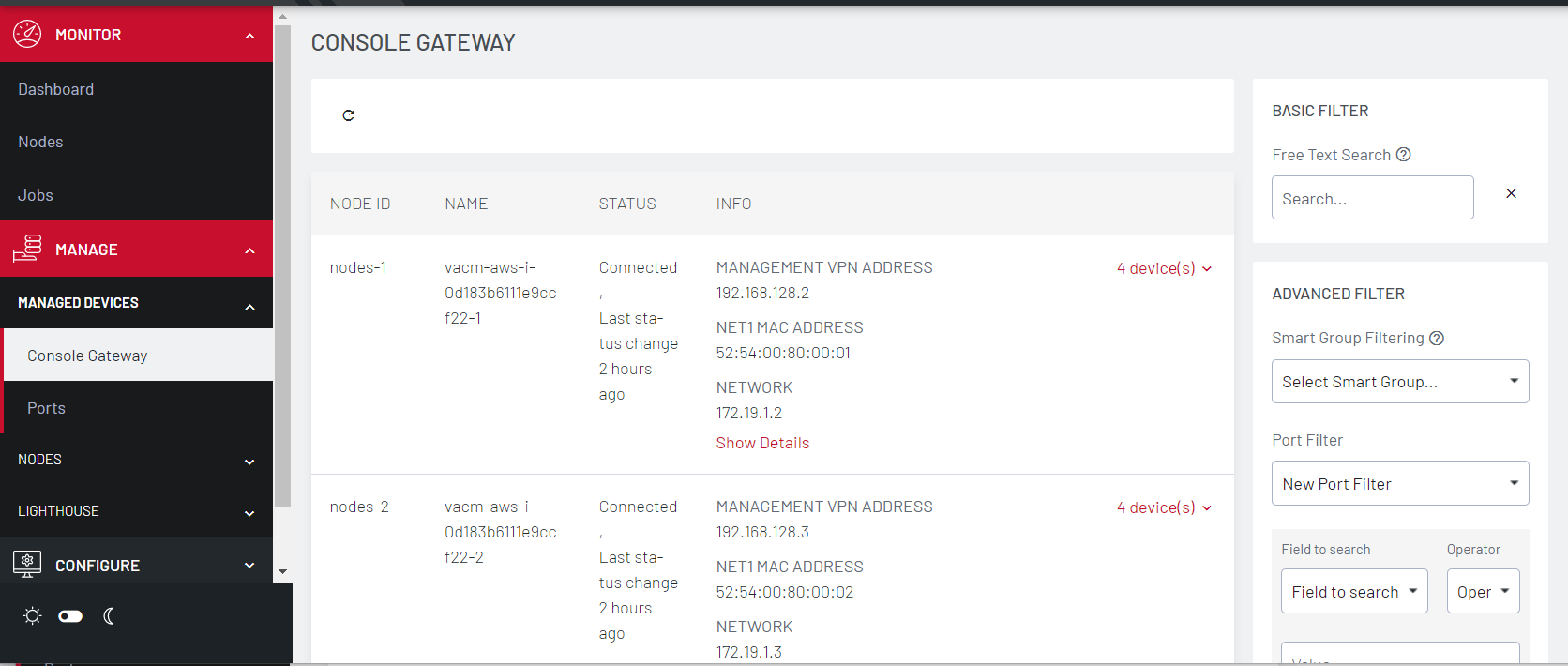 Image of the Lighthouse UI showing how to display all the nodes