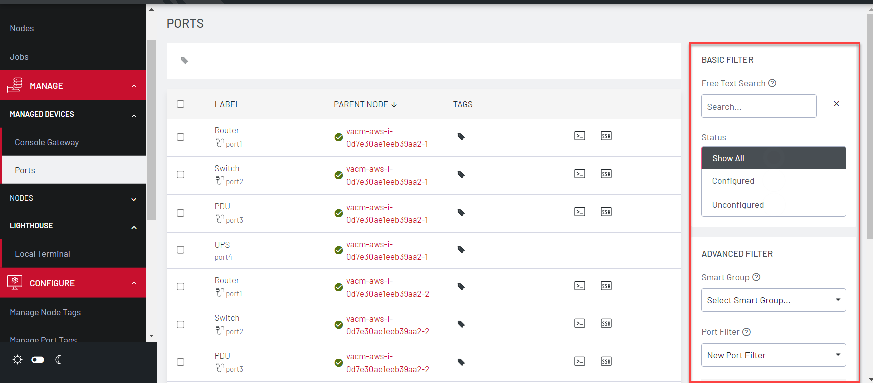 Image of the Lighthouse UI showing how to manage ports