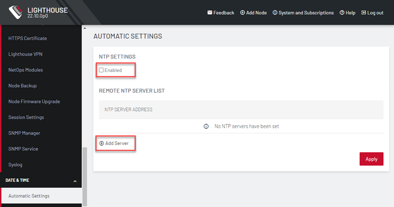 Image of the Lighthouse UI displaying how to set up the internal clock