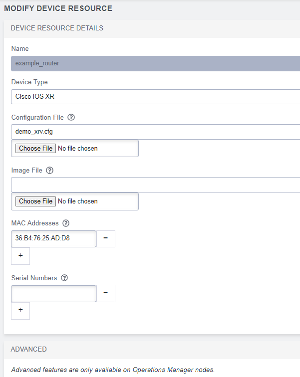 Image of the Lighthouse UI showing how to modify device resources