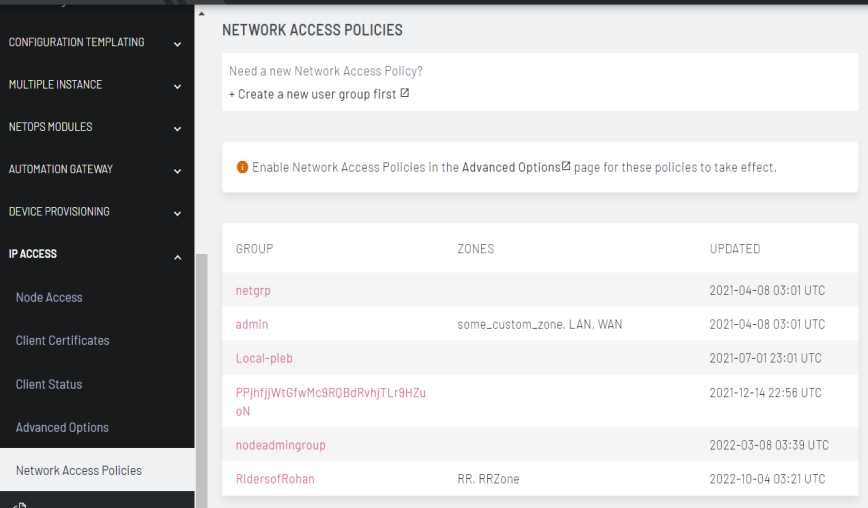 Image of the Lighthouse UI showing how to set up netwrok access policies for groups