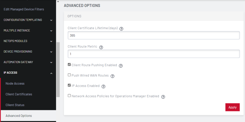 Image odf the Lighthouse UI showing how to set up advanced options of IP Access