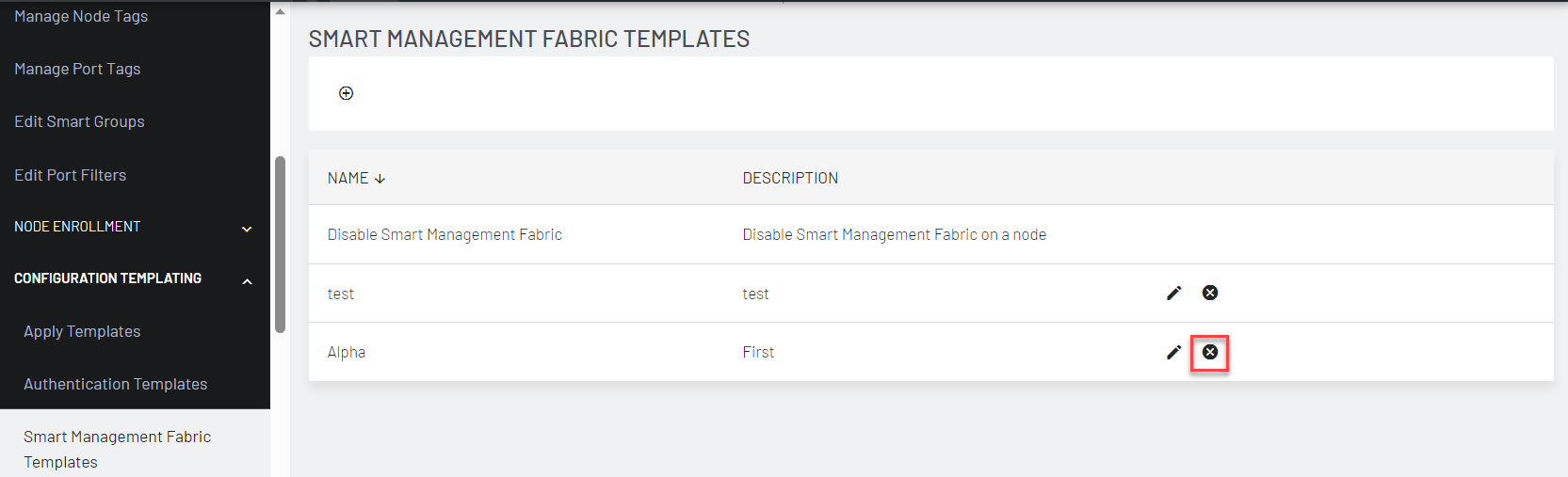 Lighthouse UI showing how to delete an SMF template