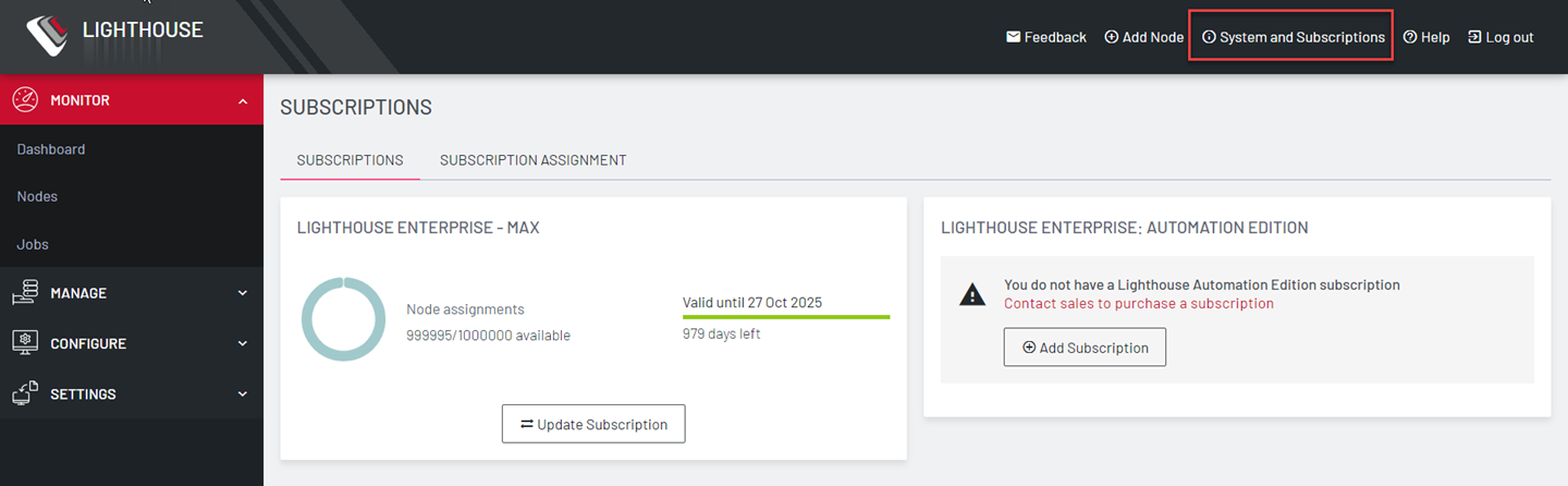 Lighthouse System Infor UPDATING A subscription to Lighthouse