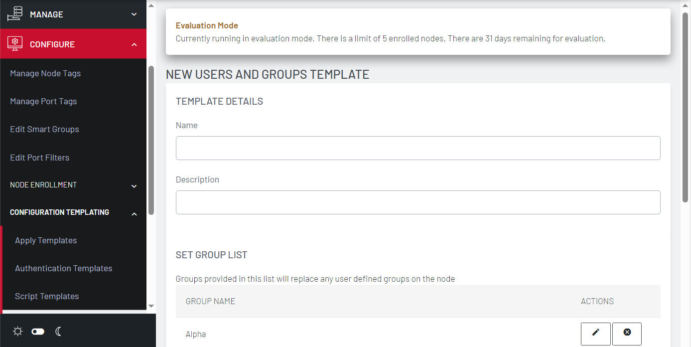 Image of Lighthouse UI showing New Users and Groups Template