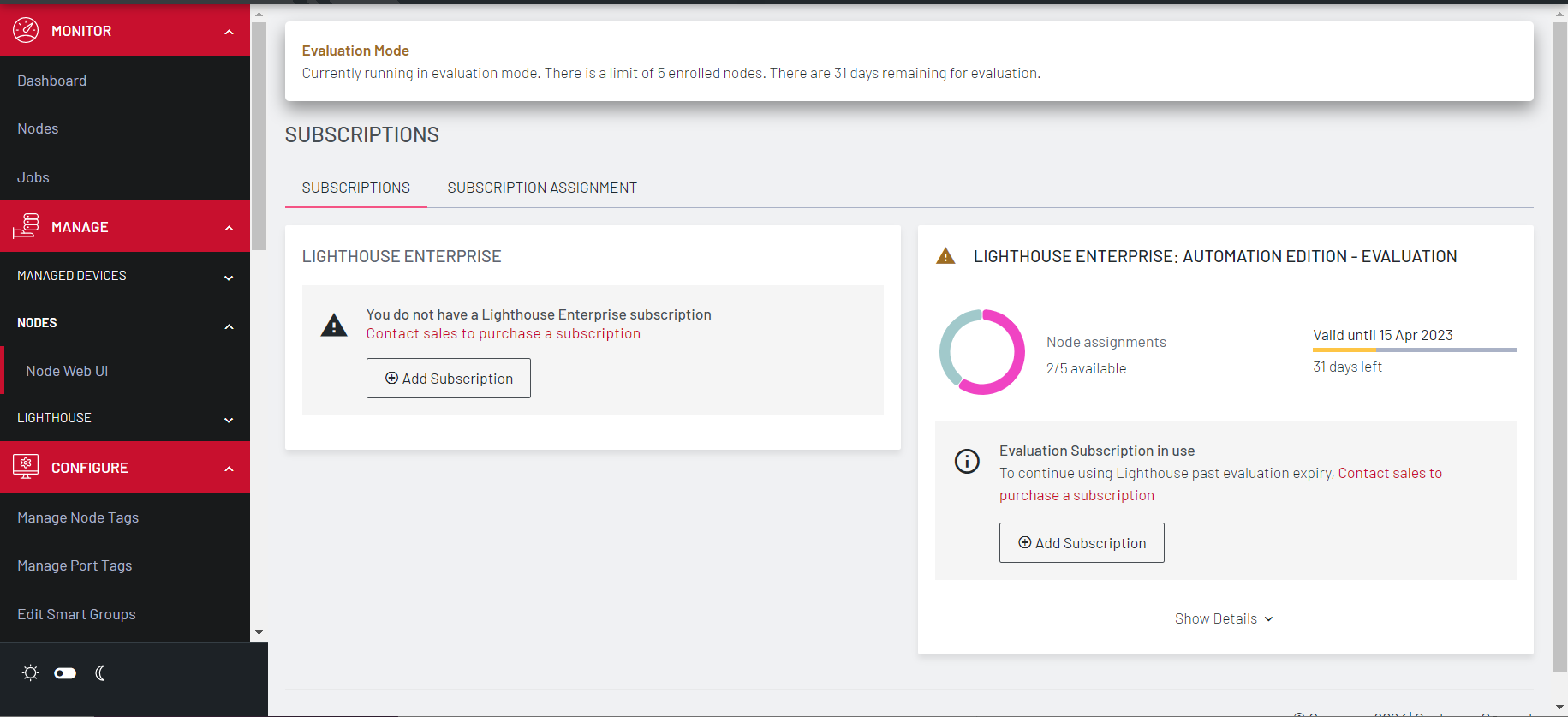 Image of Lighthouse UI showing how to add a subscription -1